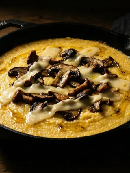 Chiaroscuro shot of creamy baked polenta with roasted mushrooms and melted Fontina.