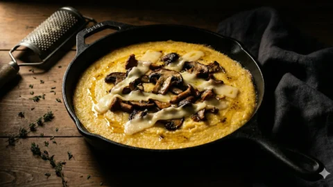 Chiaroscuro shot of creamy baked polenta with roasted mushrooms and melted Fontina