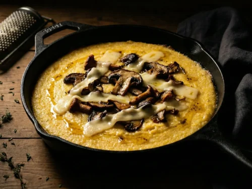 Chiaroscuro shot of creamy baked polenta with roasted mushrooms and melted Fontina