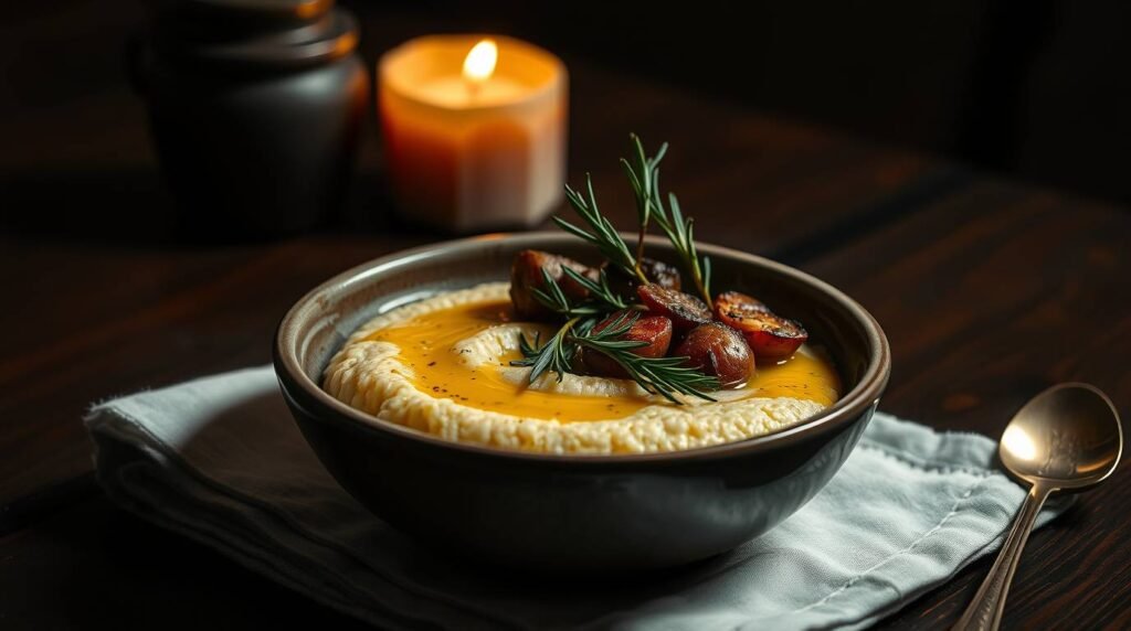 Creamy polenta topped with roasted winter root vegetables in a rustic bowl