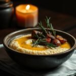 Creamy polenta topped with roasted winter root vegetables in a rustic bowl