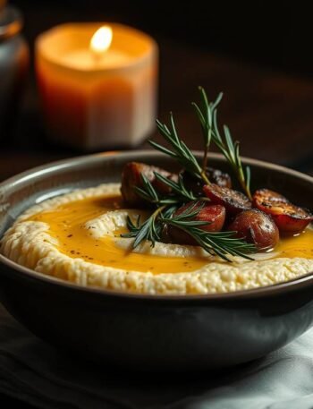 Creamy polenta topped with roasted winter root vegetables in a rustic bowl