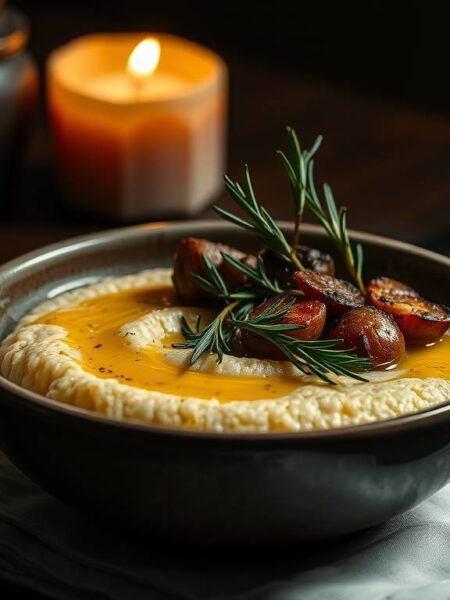 Creamy polenta topped with roasted winter root vegetables in a rustic bowl