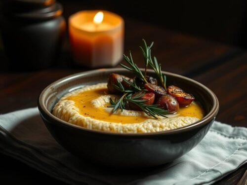 Creamy polenta topped with roasted winter root vegetables in a rustic bowl