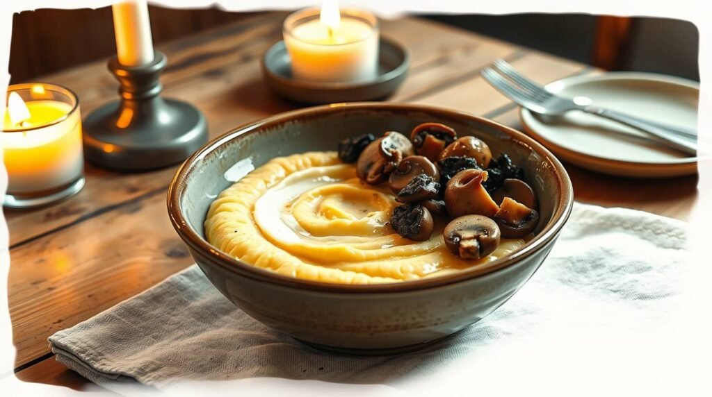 Creamy savory polenta with cottage cheese topped with sautéed mushrooms and olive tapenade