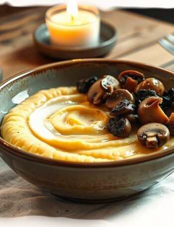 Creamy savory polenta with cottage cheese topped with sautéed mushrooms and olive tapenade