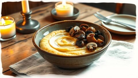 Creamy savory polenta with cottage cheese topped with sautéed mushrooms and olive tapenade