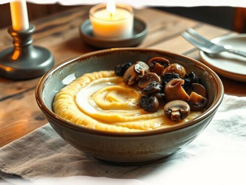 Creamy savory polenta with cottage cheese topped with sautéed mushrooms and olive tapenade