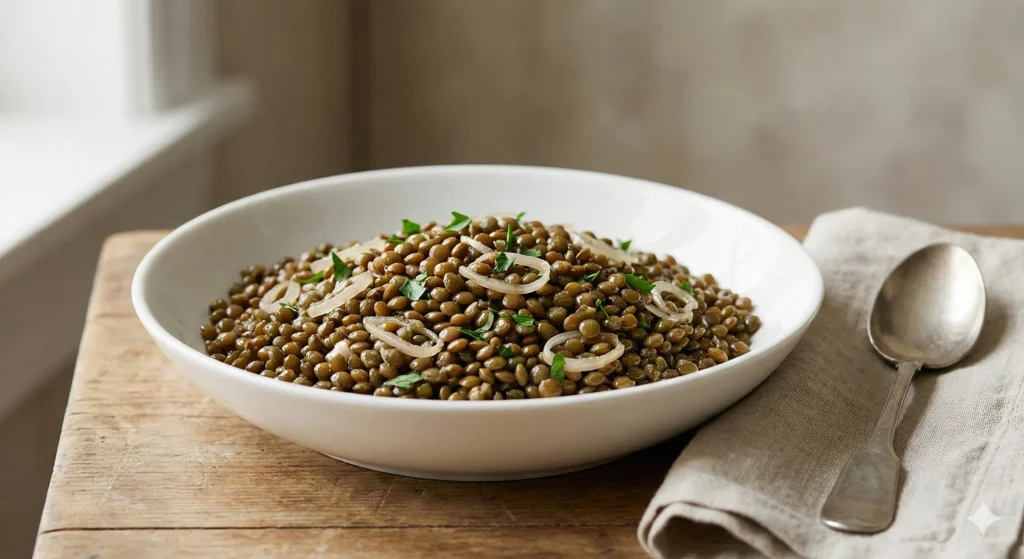 French green lentils with lemon butter and shallots served in a white bowl