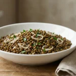 French green lentils with lemon butter and shallots served in a white bowl