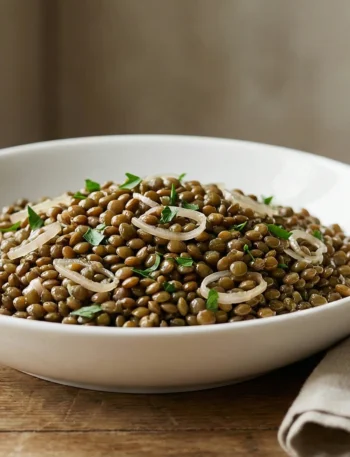 French green lentils with lemon butter and shallots served in a white bowl