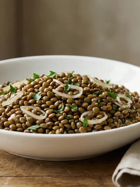 French green lentils with lemon butter and shallots served in a white bowl