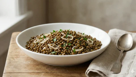 French green lentils with lemon butter and shallots served in a white bowl