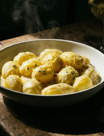 Chiaroscuro bowl of Normandy Creamed Potatoes with thyme and lemon zest