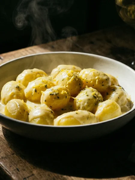 Chiaroscuro bowl of Normandy Creamed Potatoes with thyme and lemon zest