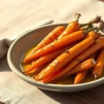 Roasted carrots with honey olive oil and quiet herbs on a rustic plate