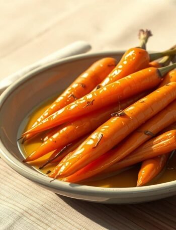 Roasted carrots with honey olive oil and quiet herbs on a rustic plate