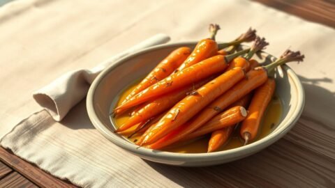Roasted carrots with honey olive oil and quiet herbs on a rustic plate