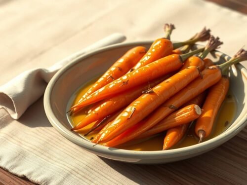 Roasted carrots with honey olive oil and quiet herbs on a rustic plate