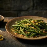 Chiaroscuro image of Sicilian green beans with lemon zest and Parmesan crumbs on a rustic plate
