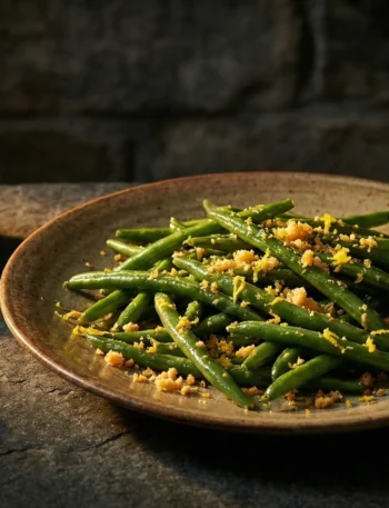 Chiaroscuro image of Sicilian green beans with lemon zest and Parmesan crumbs on a rustic plate