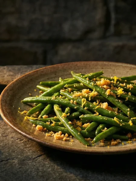 Chiaroscuro image of Sicilian green beans with lemon zest and Parmesan crumbs on a rustic plate.