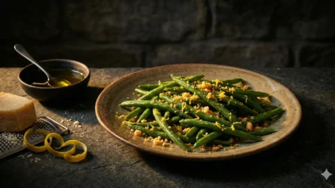 Chiaroscuro image of Sicilian green beans with lemon zest and Parmesan crumbs on a rustic plate