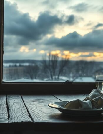 A quiet wooden dining table at dusk with soft winter light