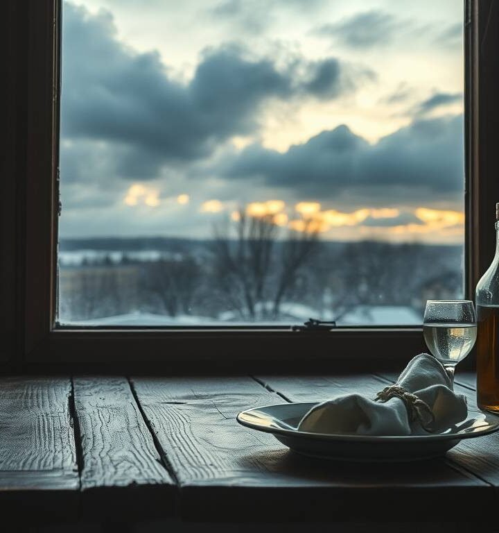 A quiet wooden dining table at dusk with soft winter light