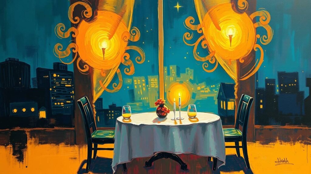 Table by a window at night with city lights