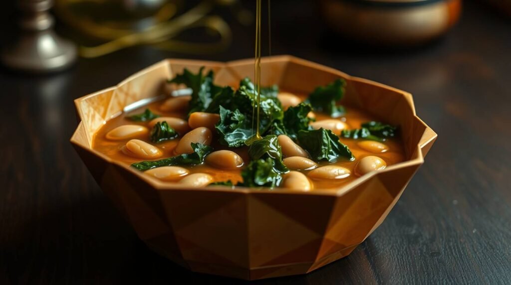 Green kale and cannellini safehouse soup in a rustic bowl with olive oil drizzle