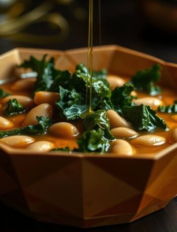 Green kale and cannellini safehouse soup in a rustic bowl with olive oil drizzle