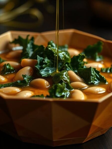 Green kale and cannellini safehouse soup in a rustic bowl with olive oil drizzle