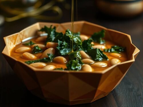 Green kale and cannellini safehouse soup in a rustic bowl with olive oil drizzle