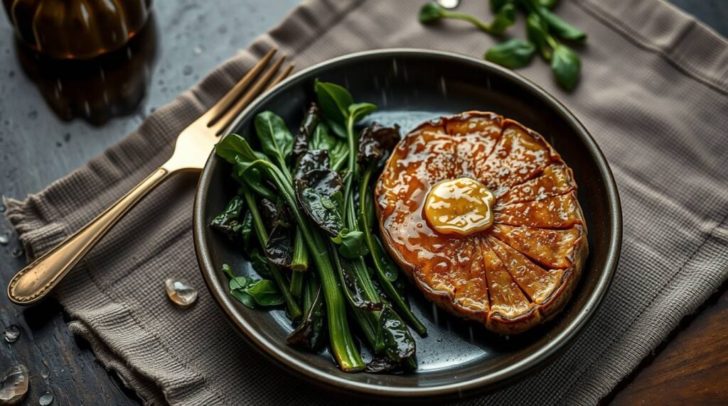 Lions Mane steak with olive butter and bitter greens on a dark ceramic plate
