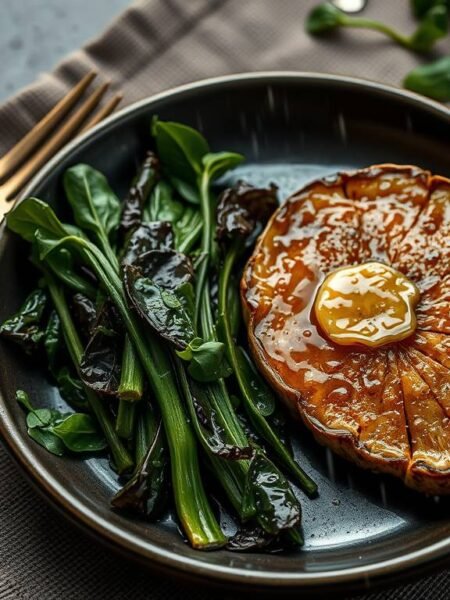 Lions Mane steak with olive butter and bitter greens on a dark ceramic plate