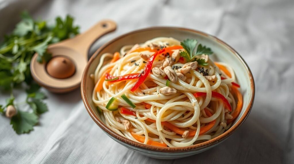Peanut soba slaw with crisp vegetables and creamy peanut dressing in a ceramic bowl