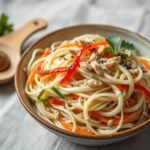 Peanut soba slaw with crisp vegetables and creamy peanut dressing in a ceramic bowl