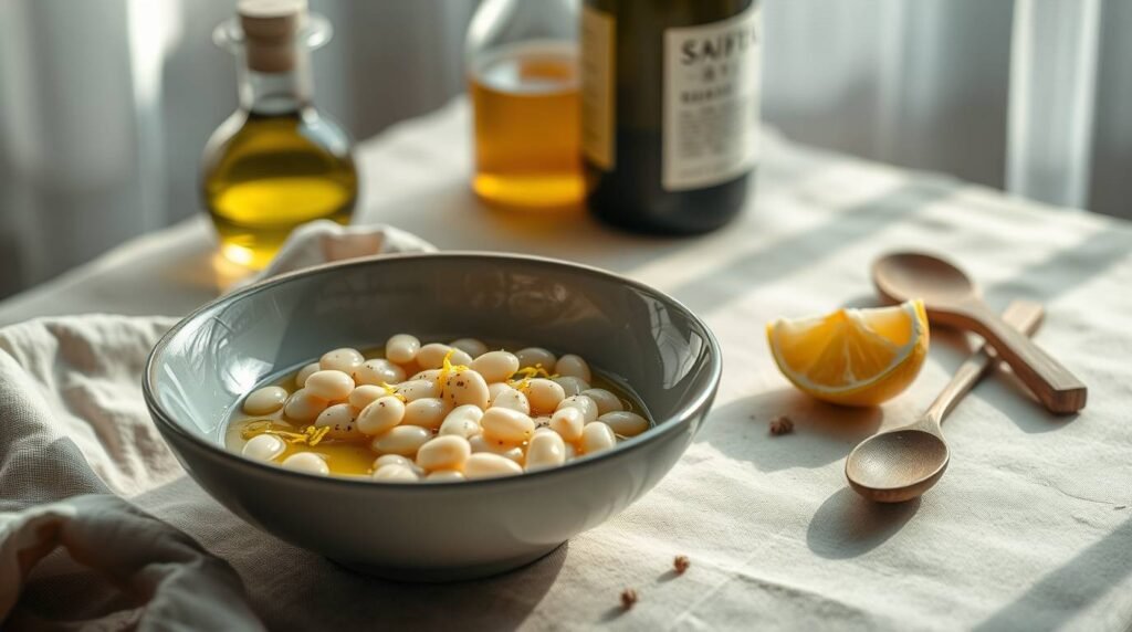A quiet New Year plate of warm white beans with olive oil and lemon on a rustic table