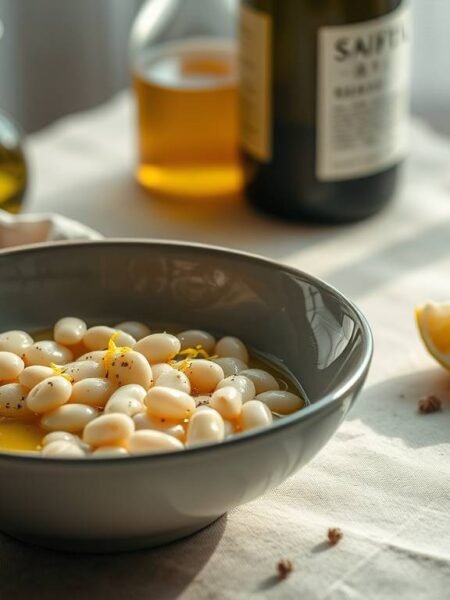 A quiet New Year plate of warm white beans with olive oil and lemon on a rustic table