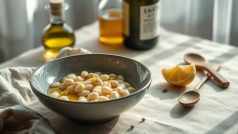 A quiet New Year plate of warm white beans with olive oil and lemon on a rustic table