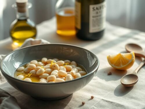A quiet New Year plate of warm white beans with olive oil and lemon on a rustic table