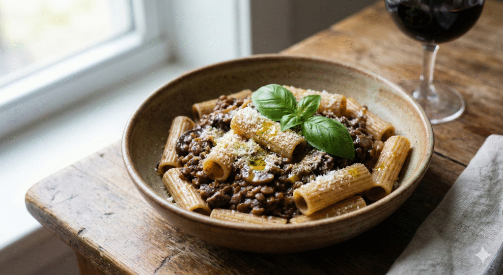 Mafia style vegetarian ragù over rigatoni in a rustic Italian bowl