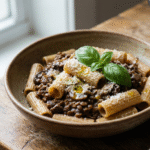 Mafia style vegetarian ragù over rigatoni in a rustic Italian bowl