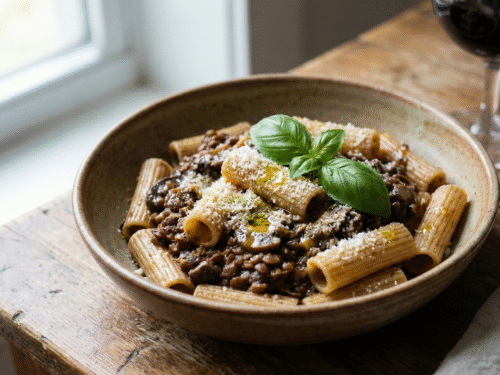 Mafia style vegetarian ragù over rigatoni in a rustic Italian bowl