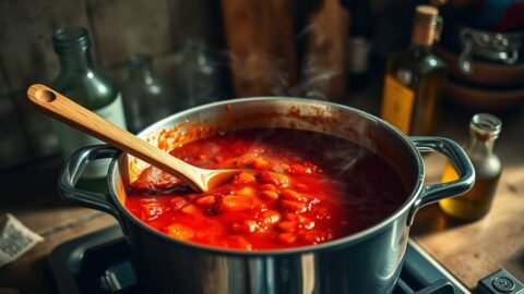 Sunday Gravy for One simmering slowly in a pot on the stove