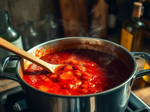 Sunday Gravy for One simmering slowly in a pot on the stove