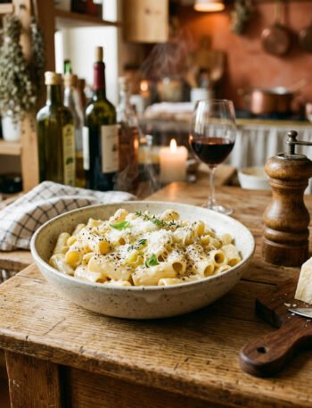 Creamy mafia mac and cheese cacio e pepe style topped with pecorino romano and cracked black pepper