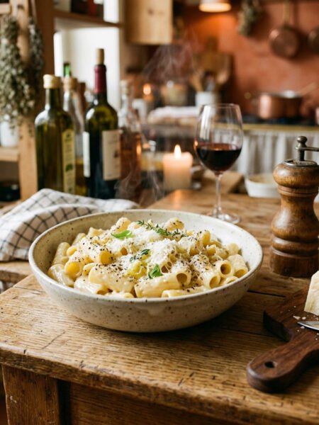 Creamy mafia mac and cheese cacio e pepe style topped with pecorino romano and cracked black pepper