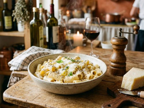 Creamy mafia mac and cheese cacio e pepe style topped with pecorino romano and cracked black pepper